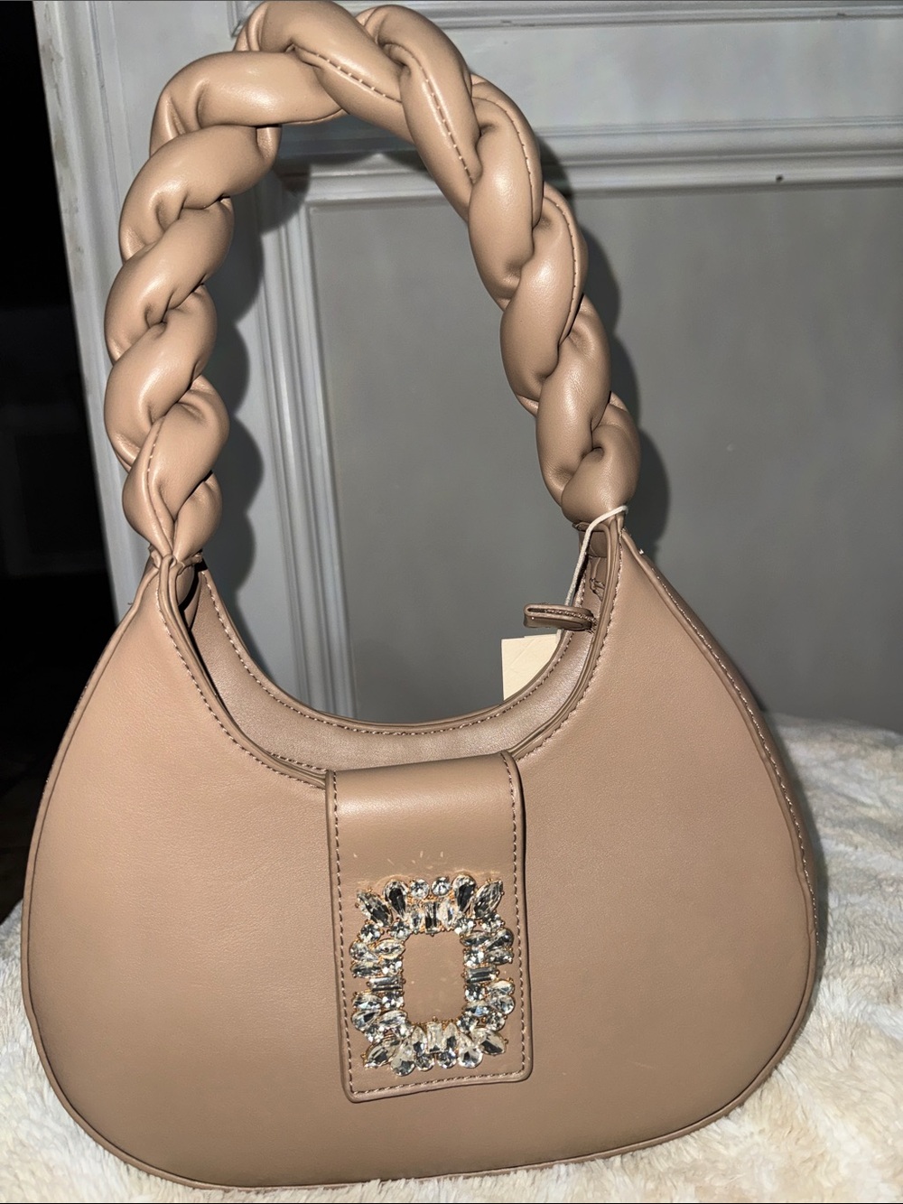Braided-Handle Shoulder Bag with Jeweled Accent in Taupe
